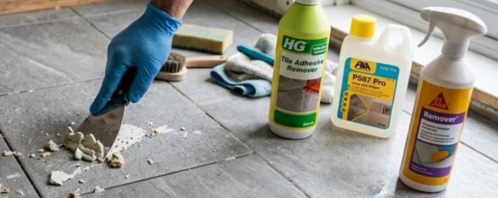 Applying a commercial tile adhesive remover to old adhesive residue on a concrete floor.