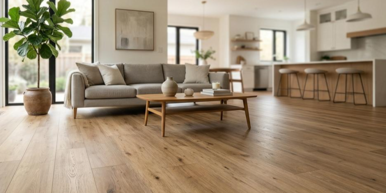 Beautiful modern house interior with shiny vinyl flooring and elegant living room décor.