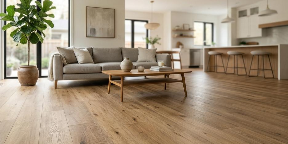 Beautiful modern house interior with shiny vinyl flooring and elegant living room décor.