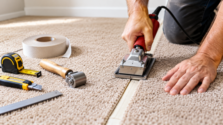 A close-up of carpet seaming with tape using a carpet seaming iron and roller