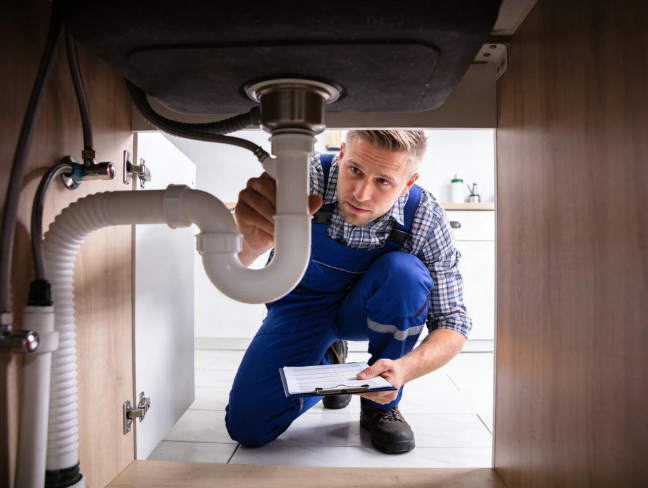 Inspecting the underside of a kitchen sink drain to identify possible causes of a persistent water leak after repair.