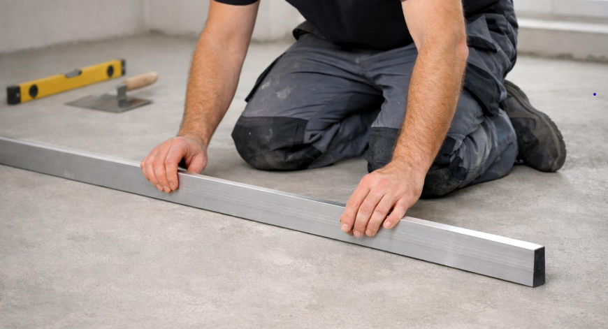 Construction worker levelling a concrete subfloor with a heavy-duty aluminium straightedge screed rail.