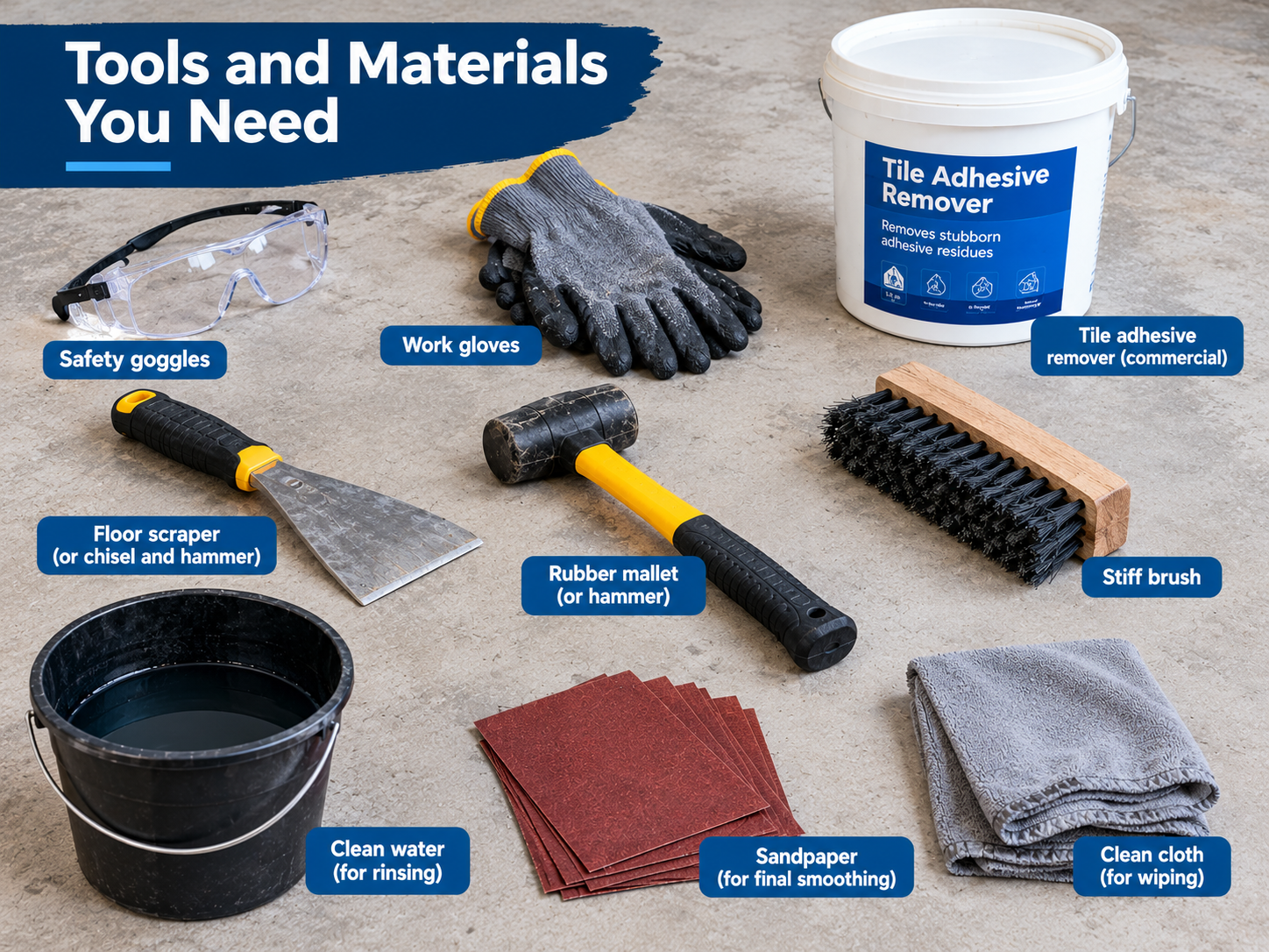 Essential tools and materials for removing old tile adhesive from a concrete floor, including a floor scraper, safety goggles, work gloves, stiff brush, bucket, sandpaper, cloth, and commercial adhesive remover.