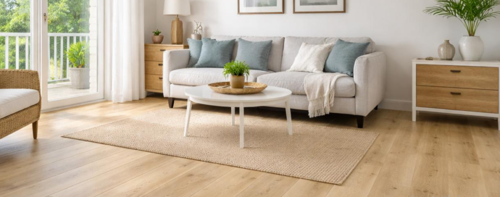 Finished vinyl flooring in a peaceful modern interior with a clean, elegant appearance.