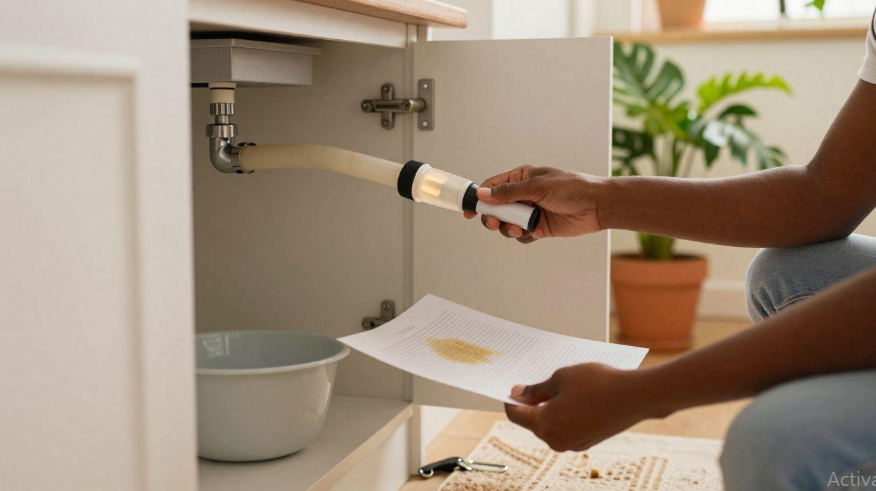 esting a newly installed kitchen sink drain by running water into the sink and inspecting the drain flange, tailpiece, and P-trap for leaks.