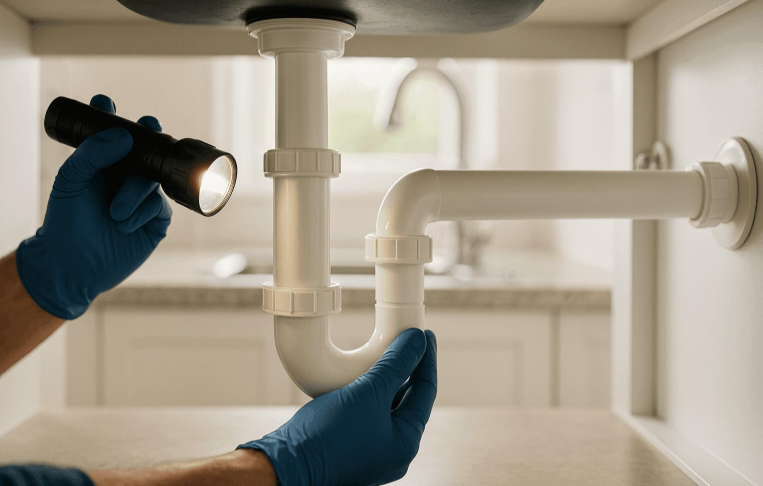 Inspection of the piping system beneath a kitchen sink to identify water dripping from a pipe connection.