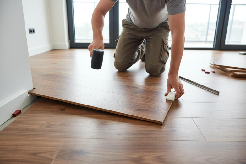 Installer fitting interlocking floating flooring planks during laminate or luxury vinyl plank flooring installation.