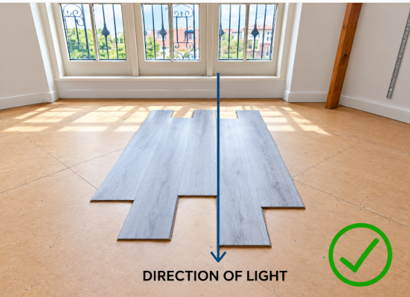 Wood-look laminate flooring planks running toward a large window, illustrating flooring direction relative to natural light.