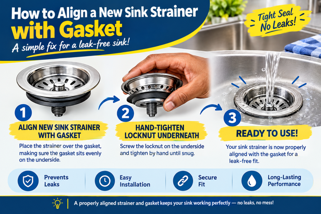 Step-by-step illustration showing how to align a new kitchen sink strainer with its gasket, check its position, and hand-tighten the locknut underneath the sink