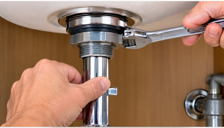 Loosening the retaining nut beneath a kitchen sink drain using a suitable tool while supporting the drain components.
