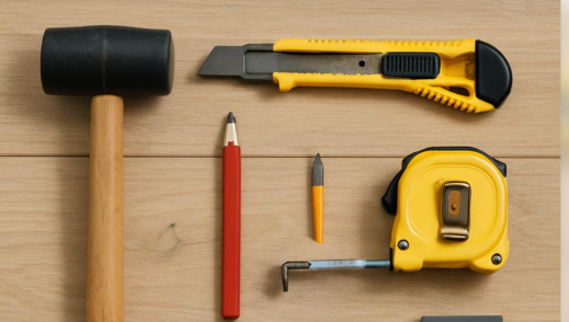 Vinyl flooring installation materials and tools, including vinyl planks, a tape measure, utility knife, spacers, tapping block, and rubber mallet.