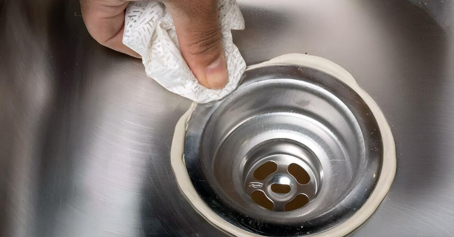 Scraping away old putty or silicone sealant from a kitchen sink drain flange and sink opening.