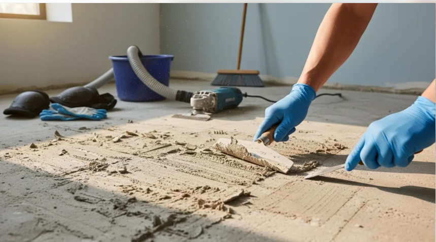 Removing stubborn old tile adhesive from a concrete floor using a floor scraper.
