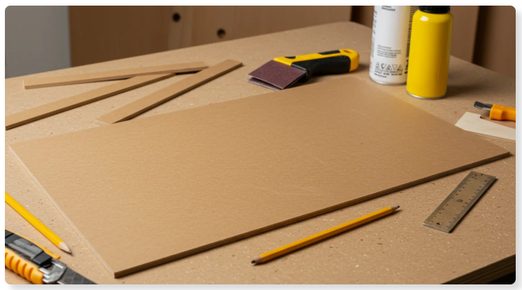 MDF boards, wood glue, woodworking clamps, sandpaper, clean cloth, tape measure, pencil, and screws arranged for an MDF joining project