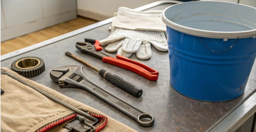 Plumbing tools and materials arranged for repairing and sealing a kitchen sink drain, including an adjustable wrench, plumber's putty, silicone sealant, rubber gaskets, and cleaning cloths.