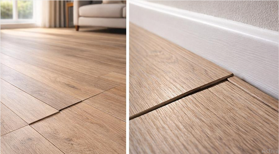 Gaps between vinyl or laminate flooring planks caused by possible expansion, contraction, or installation issues.