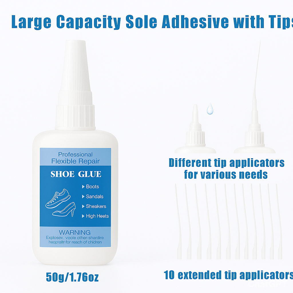 Different types of tip applicators for shoe glue bottles, showing various nozzle lengths and shapes for precise adhesive application.