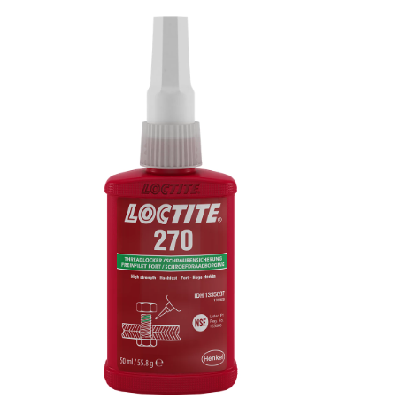LOCTITE 270 high-strength threadlocker for permanent locking and sealing of bolts, nuts, and studs. Caption: