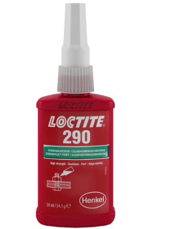 Loctite 290 bottle used for sealing and securing pre-assembled fasteners against vibration and leakage.