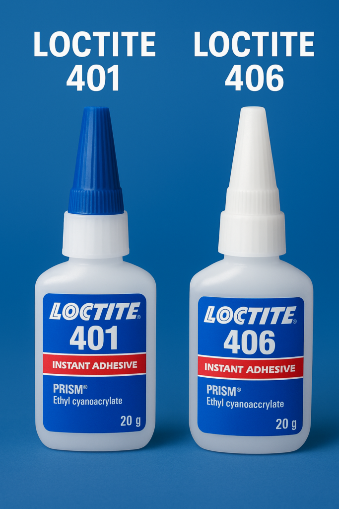 Loctite 401 and Loctite 406 instant adhesive bottles side by side on a dazzling blue background.