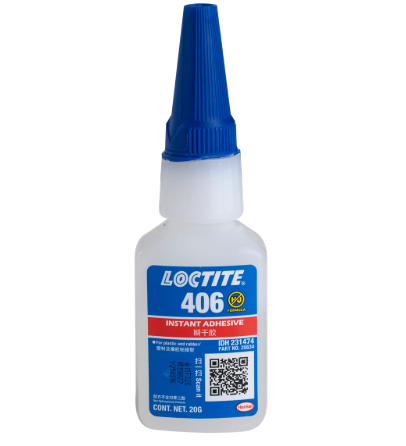 LOCTITE® 406A instant adhesive bottle – low-viscosity, fast-fixturing adhesive for plastics and elastomers.