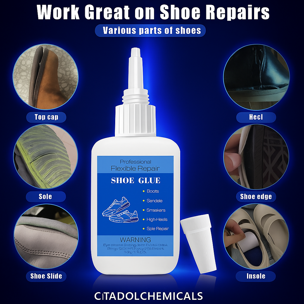 A blue-themed advertisement for Professional Flexible Repair Shoe Glue by Citadol Chemicals, showing the glue bottle in the center and circular images highlighting various shoe parts it can repair, including top cap, sole, heel, shoe edge, shoe slide, and insole.