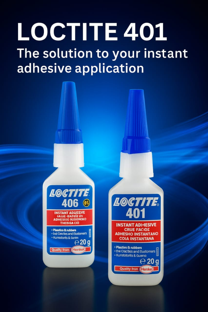 Loctite 401 and Loctite 406 instant adhesive bottles side by side on a dazzling blue background.
