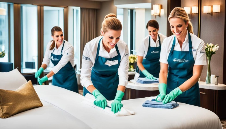 Housekeeping staff working together in a luxury hotel using professional cleaning chemicals for a safe environment