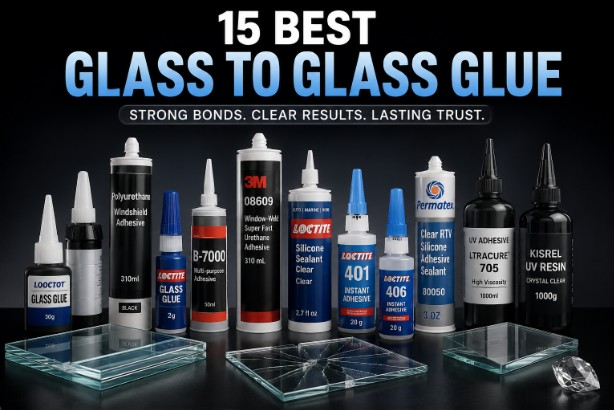 Collection of the 15 best glass-to-glass glue and adhesive products for 2026, including Loctite, 3M, Permatex, UV resin, and polyurethane windshield adhesives displayed beside glass panels on a professional dark background