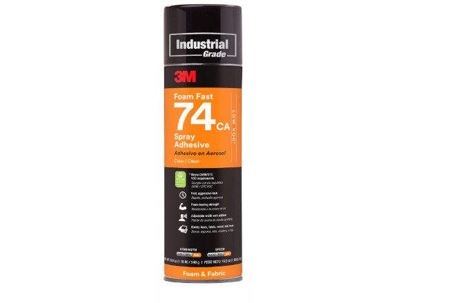 3M Foam Fast 74 CA Spray Adhesive aerosol can with low VOC clear formula for bonding foam, fabric, and lightweight materials