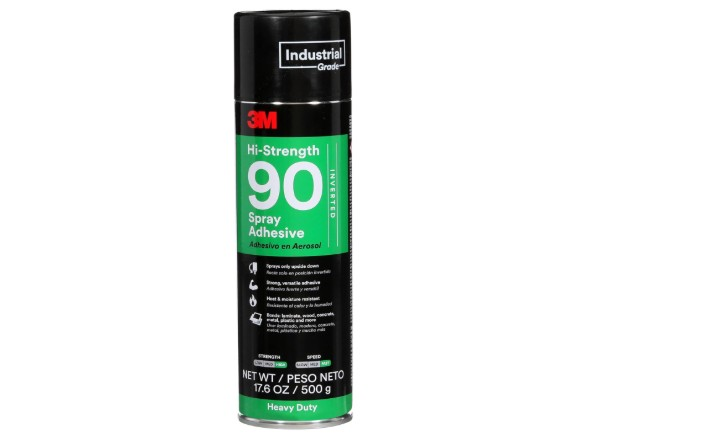 3M Hi-Strength 90 Spray Adhesive aerosol can with permanent industrial-strength bonding formula for laminate, wood, metal, concrete, and plastic