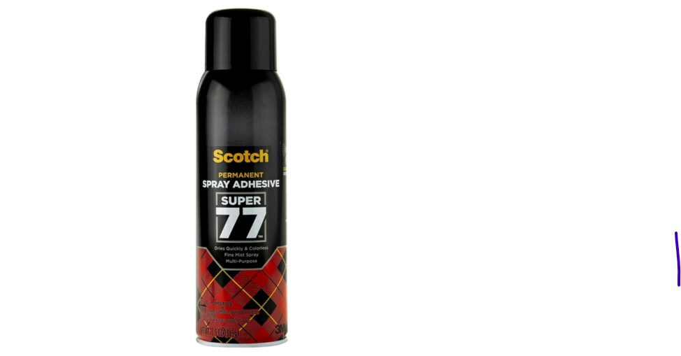 3M Super 77 Multipurpose Spray Adhesive 13.5 oz aerosol can with fast-tacking low VOC formula for bonding paper, fabric, plastic, metal, and cardboard