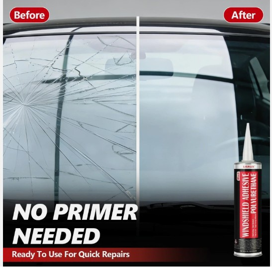 Six-pack polyurethane windshield adhesive kit showing a cracked windshield on one side and a fully repaired clear windshield on the other side.