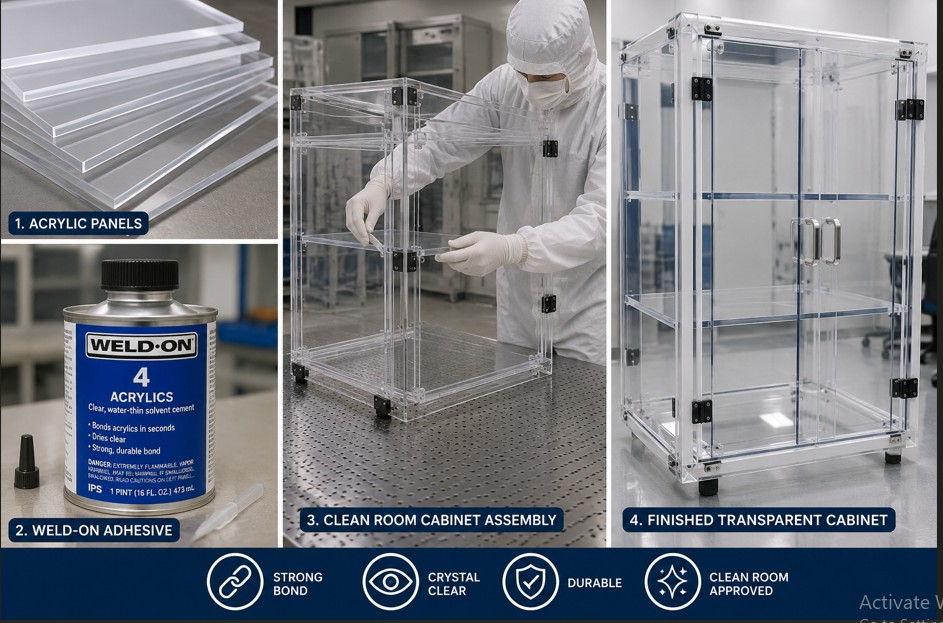 Acrylic panels, Weld-On adhesive bottle, clean room cabinet assembly process, and a finished transparent acrylic cabinet displayed in a step-by-step industrial infographic.