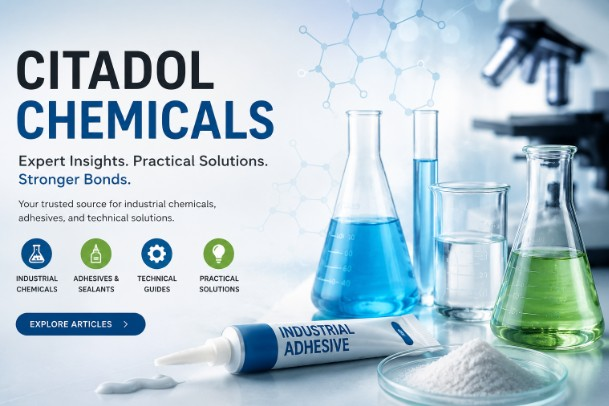 Citadol Chemicals homepage banner featuring laboratory glassware, industrial adhesive products, chemical solutions, and modern scientific elements representing industrial chemicals and technical expertise.