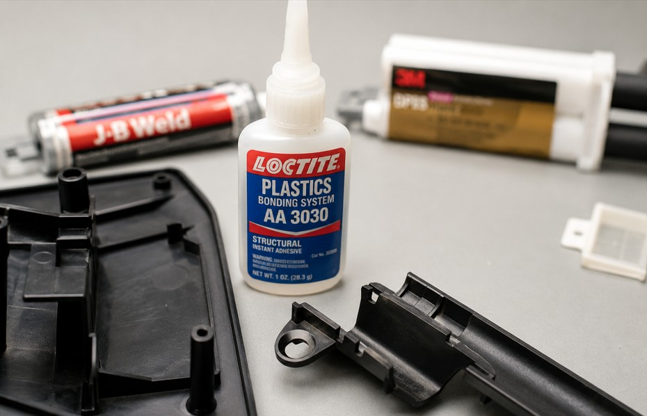 Close-up of plastic components and a plastic bonding adhesive on a workbench, showing a professional plastic-to-plastic repair and assembly setup.