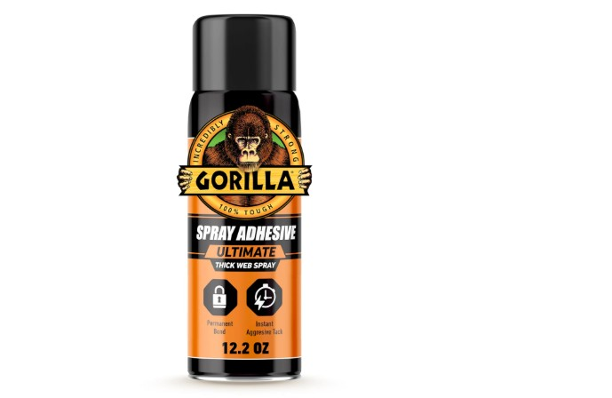 Gorilla Contact Adhesive Ultimate 12.2oz web spray adhesive can with strong repositionable bonding formula for multiple surfaces