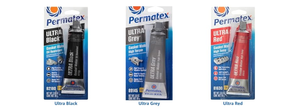 Three Permatex gasket maker tubes in black, grey, and red variants displayed together