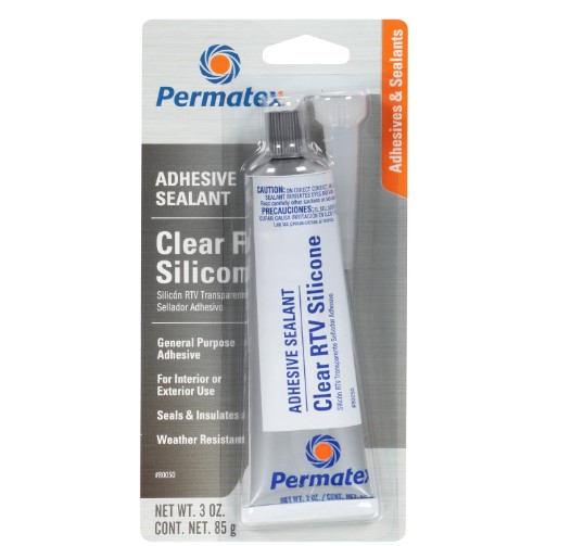 Permatex 80050 Clear RTV Silicone Adhesive Sealant clear flexible silicone sealant tube for glass bonding, waterproof sealing, and general repair applications.