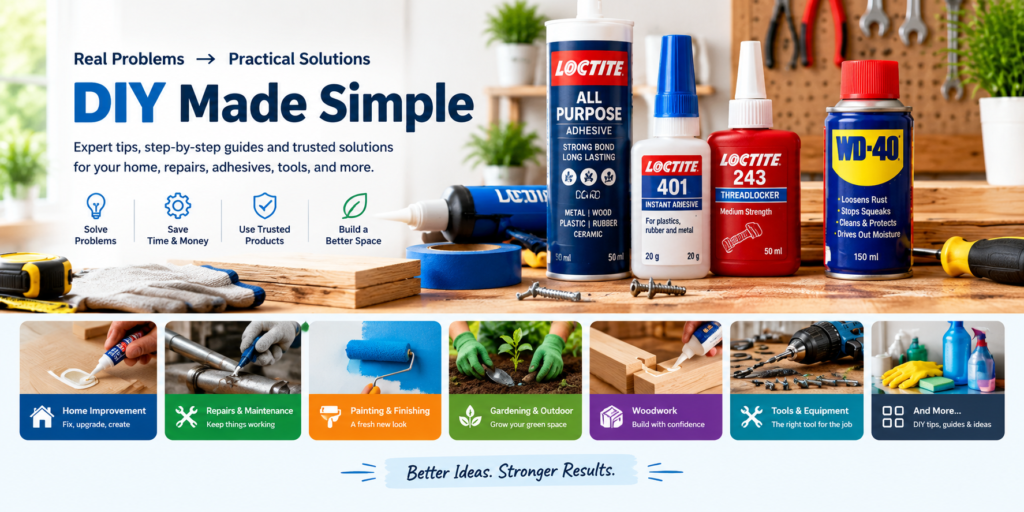 DIY adhesives and repair products with Loctite glue, WD-40, tools, and home improvement supplies