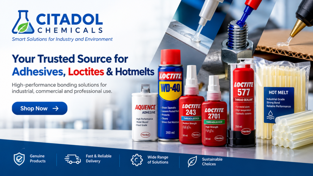 CITADOL CHEMICALS homepage banner featuring Loctite adhesives, AQUENCE water-based adhesives, industrial sealants and hot melt glue products.