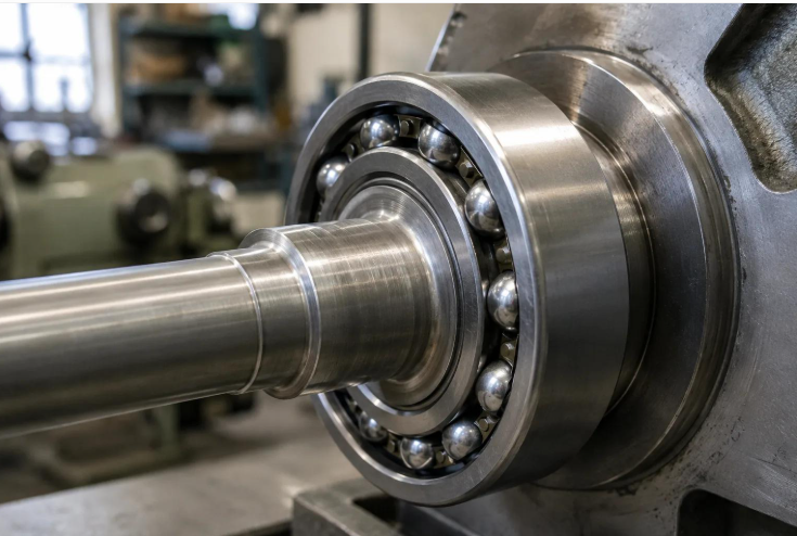Close-up of a large steel ball bearing assembly mounted securely onto a machined rotating metal shaft in a workshop or factory setting.