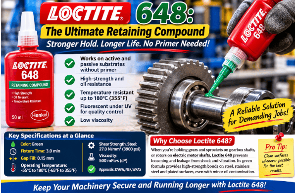 An infographic for LOCTITE 648 Retaining Compound displaying its key specifications, benefits, and an application demo on a metal gear and shaft assembly.