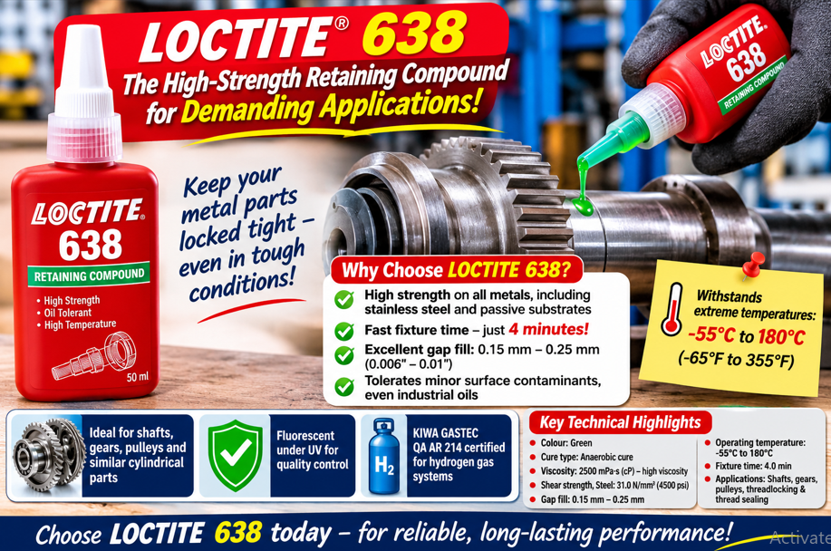 Product advertisement infographic for Loctite 638 high-strength retaining compound, featuring a bottle of the product and showing it being applied as a green liquid onto a metal gear shaft.