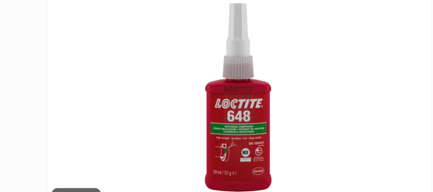 Loctite 648 green retaining compound used to secure cylindrical metal parts such as bearings and shafts.