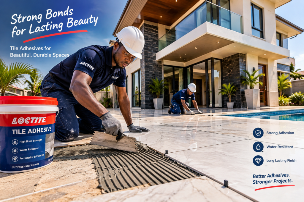 Skilled workers applying tile adhesive while installing large marble-look tiles at a beautiful modern luxury house.